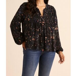 Lucky Brand sz S Womens Black Floral Rutched Long Sleeve VNeck Top Boho Casual